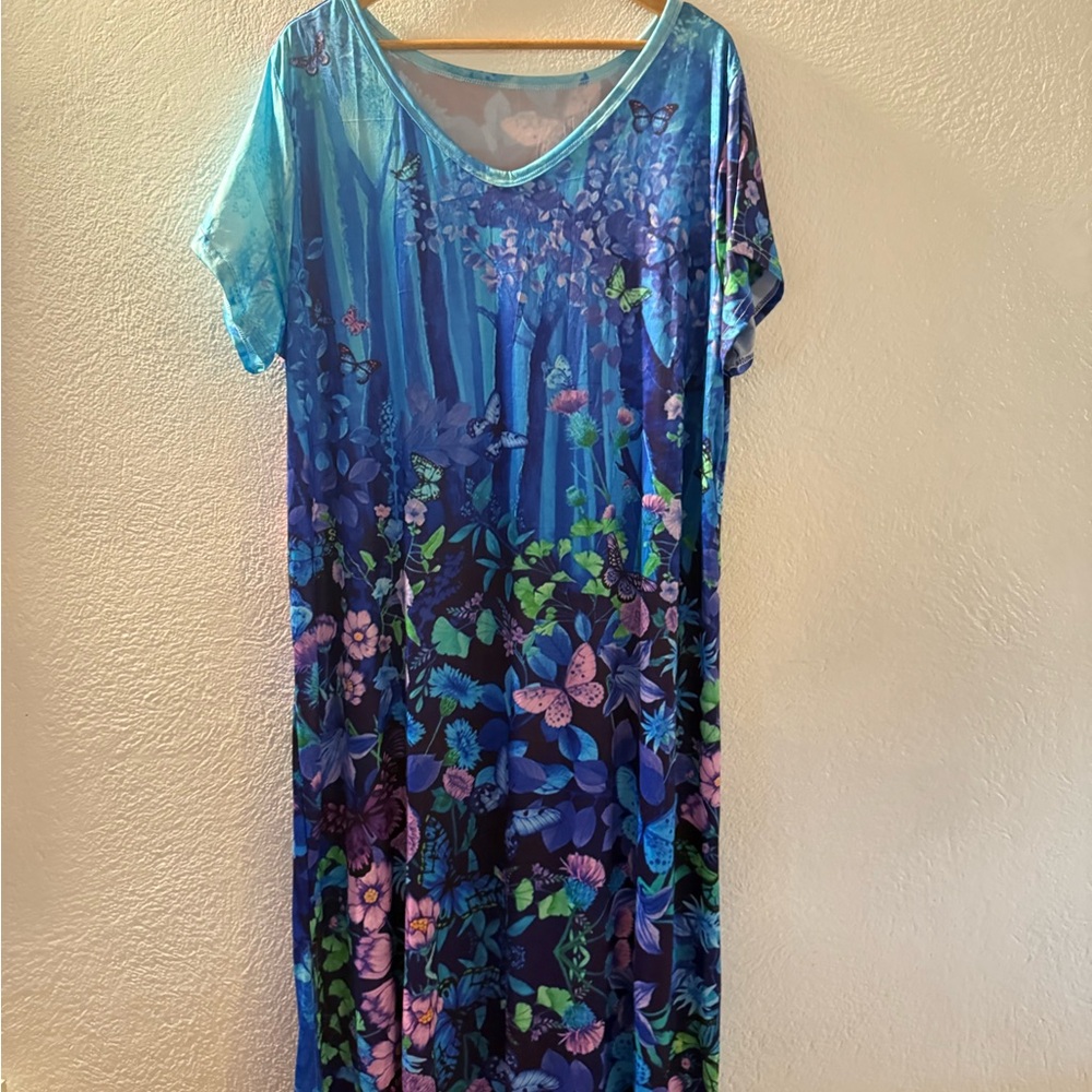 Blue and Green Casual V-Neck Dolman Sleeve Maxi Dress